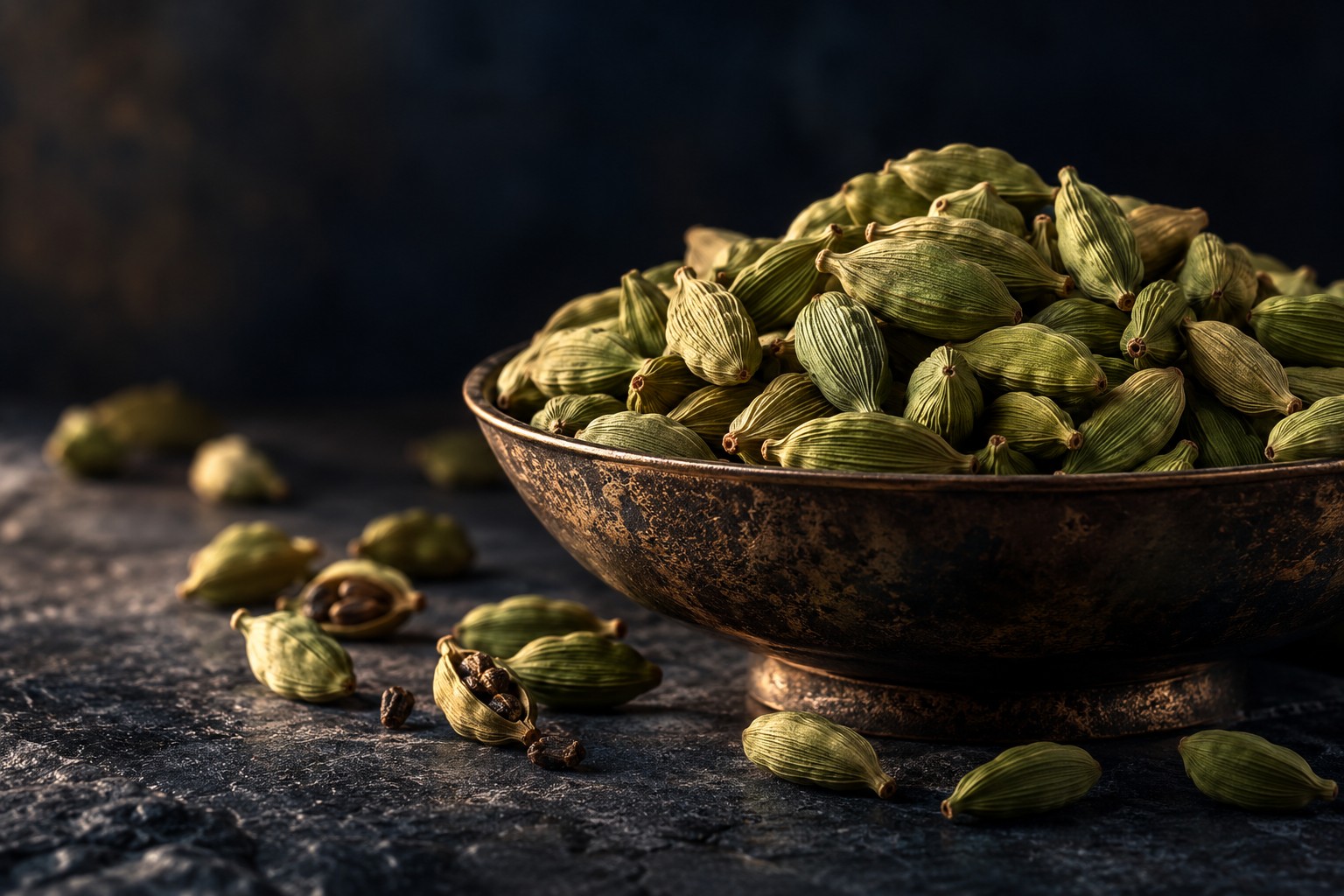 Green cardamom pods in a bronze bowl on dark stone