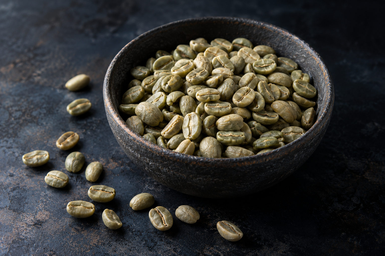 Illustrative close-up of unroasted coffee beans