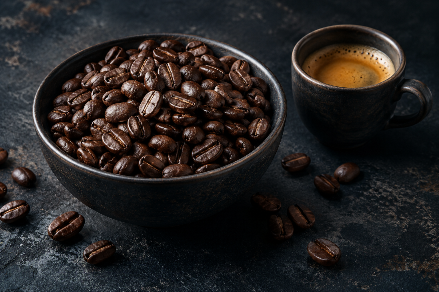 Illustrative roasted coffee beans and espresso